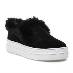 Black Suede‎ Platform Sneakers Faux Fur Trim Flatform Slip On Shoes
